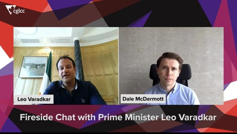 Dale McDermott hosting a fireside chat with Leo Varadkar, Taoiseach of Ireland