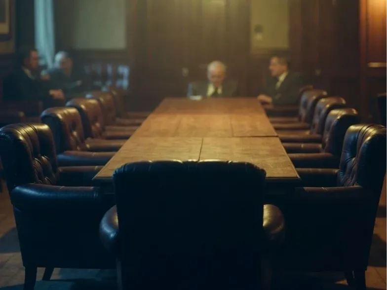 A long boardroom table lined with empty leather chairs, a small group gathered at the far end